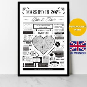 Impresión de casamiento en 2024 / Regalo personalizado para el primer aniversario de bodas / Póster con datos sobre el año en que se casaron / Versión para el Reino Unido