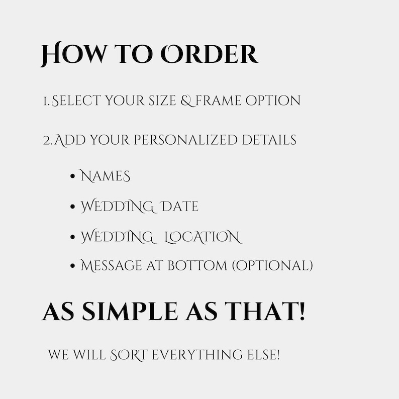 Pu&ograve; includere: Testo su sfondo chiaro che descrive la procedura d'ordine. Inizia con "HOW TO ORDER", seguito da passaggi per selezionare la taglia, aggiungere dettagli personalizzati e si conclude con "AS SIMPLE AS THAT!"