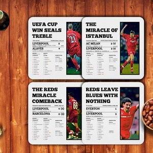 Posavasos del Liverpool FC / Juego de 4 / Los mejores momentos del Liverpool / Posavasos del Liverpool FC / Regalos del Liverpool FC / Merchandising del Liverpool FC / Cumpleaños