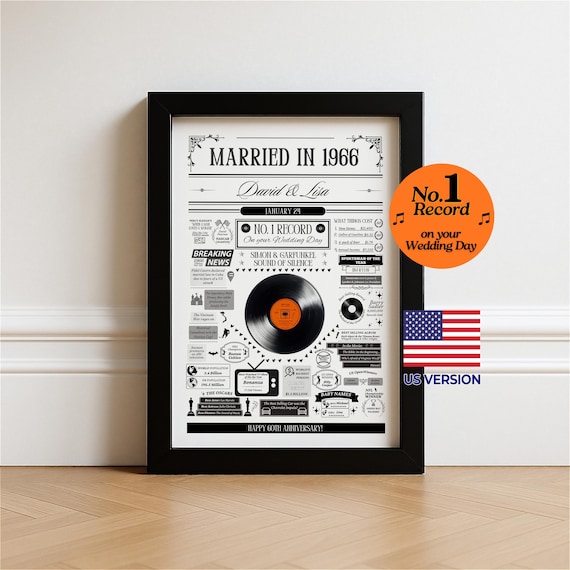 Married in 1966 Print | Personalised 60th Diamond Wedding Anniversary Gift | No. 1 Record on the Day you got Married Poster | USA Version