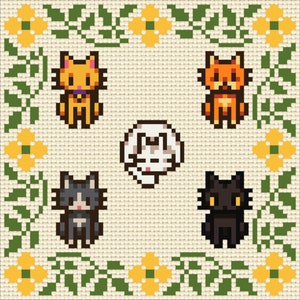 May include: A cross-stitch pattern featuring four cats in a floral border. The cats are a black cat, a white cat, a brown tabby cat, and an orange tabby cat.