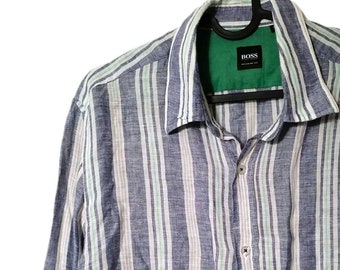 Koszula męska vintage BOSS z lnu, koszula boyfriend, koszula w paski w kolorze niebiesko-białym, oversize'owa, koszula oxford M-XL,
