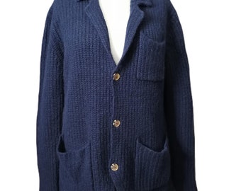 Cárdigan de lana azul marino vintage para hombre, chaqueta de punto, suéter con botones M