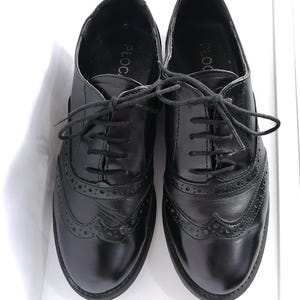 Italian Leather Wingtip Oxford Shoes 37 EU/UK 4.5 /US 7  Black Brogue Plain Toe Chunky Low Heel Commando Soles Lace Up Shoes,