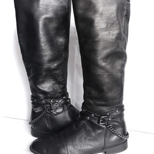 Vintage Black Leather riding boots, Mid Calf chunky heel boots Size 37 EU/ UK 5 / US 7, chain and straps riding boots , Zipper Slip On boots