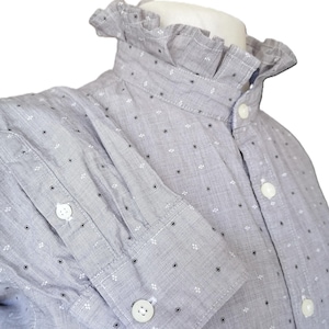 Ruffle collar blouse,  white blue print top, navy blue print button down blouse, elegant victorian style top, office outfit, 80s style M