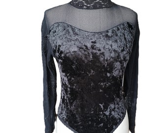 Vintage 90s velvet lace bodysuit,never worn, strech mesh see through bodysuit, elegant black bodysuit,  transparent mesh arabesques S-M ,M-L