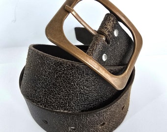 Vintage Brown Leather Belt With Brass Square Buckle , Unisex