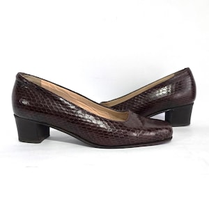 Vintage Italian brown genuine leather pumps, low block heel ,square toe EU 36/ US 6 / UK 4  textured snake embossed shoes ,