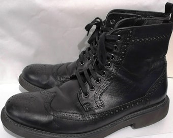 Vintage Italian Black Leahter men's boots, Wing Tip Brogue Lace Up Derby Ankle Boots, Oxford Military style zipper boots EU 43,