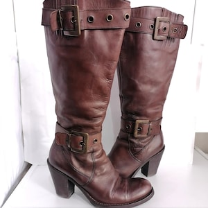 Italian Brown Leather Chunky heel boots Size 39 EU , Mid Calf Riding Boots ,  Buckle straps boots , Cowboy Western  Boots DDP included