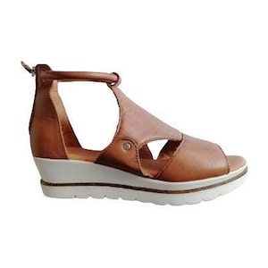 Leather Platform Wedge Slides size 38 EU / US 7.5 / UK 5  Brown Sandals with zipper , Summer Strappy , Open Toe Shoes, Leather Mules