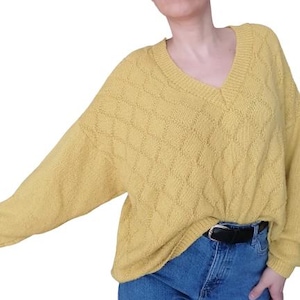 Vintage mustard pullover size L - XL , v-neck boho sweater, knitted blouse yellow loose fit sweater knit loose top jumper sweatar ,knit wear