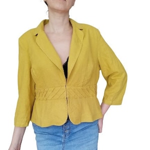 Vintage 90s linen jacket cropped blazer yellow jacket 3/4 sleeves , summer short jacket M-L