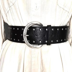 5866 Vintage Full Grain Leather Elastic Western Boho Corset Belt (black Urieo Wide Elastic Corset Belt with Triple Buckles, Black  main image 3