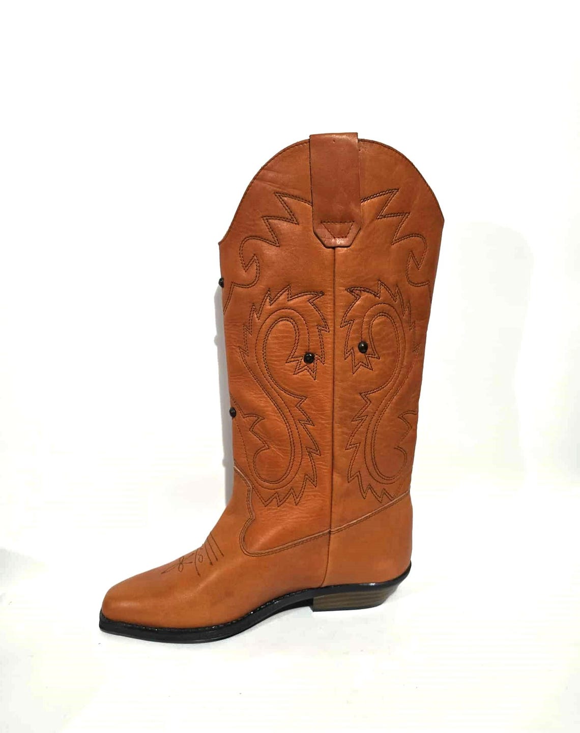 Vintage Cowboy Western Boots Brown Leather Riding boots EU 38 / US 7.5 / UK 6 Wide Mid Calf Cowgirl Boots New Never Worn ,, foto 4 di 5