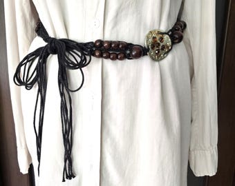 Boho Macrame Corded Belt with Wooden Beads 34-35\