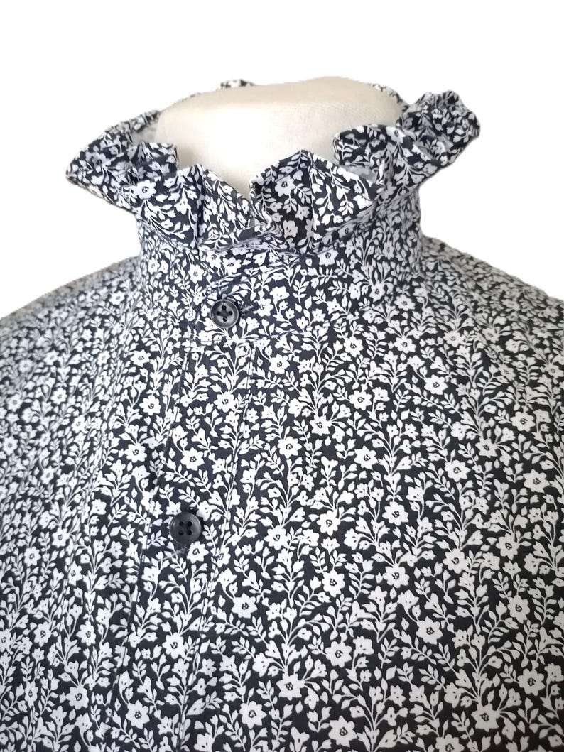 Ruffle collar blouse white blue print top navy blue print button down blouse victorian style top office outfit 80s style M Black/white floral