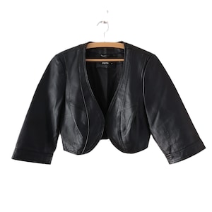 Black Genuine Leather Cropped Jacket / Vintage 1990’s  Leather Moto Rhinestone Biker Chic Rocker Jacket Womans Size M