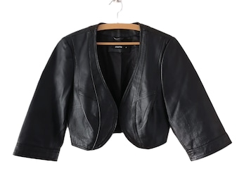 Chaqueta corta de cuero genuino negro / Chaqueta de motociclista estilo rockero vintage de cuero con diamantes de imitación de los años 90 para mujer, talla M