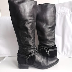 Italian Geox Black Leather boots,Mid Calf chunky heel boots Size 38 EU/ UK 6.5 / US 8.5, straps riding boots,Distressed boots,Zipper Slip On