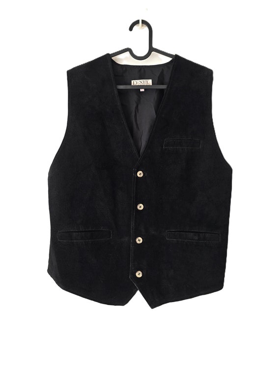 Vintage 90s Black Leather Vest Mens Suede Leather Waistcoat