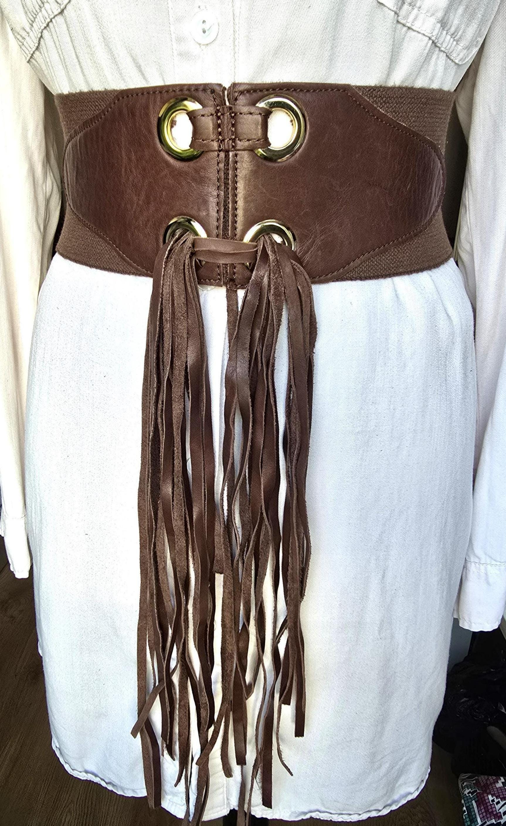 Vintage Extra Wide Belt, Brown Genuine Leather Belt With Fringles