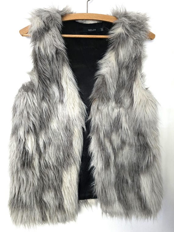 Vintage Gray Crop Faux Fur Vest , Shaggy Ancora Style Brown Faux