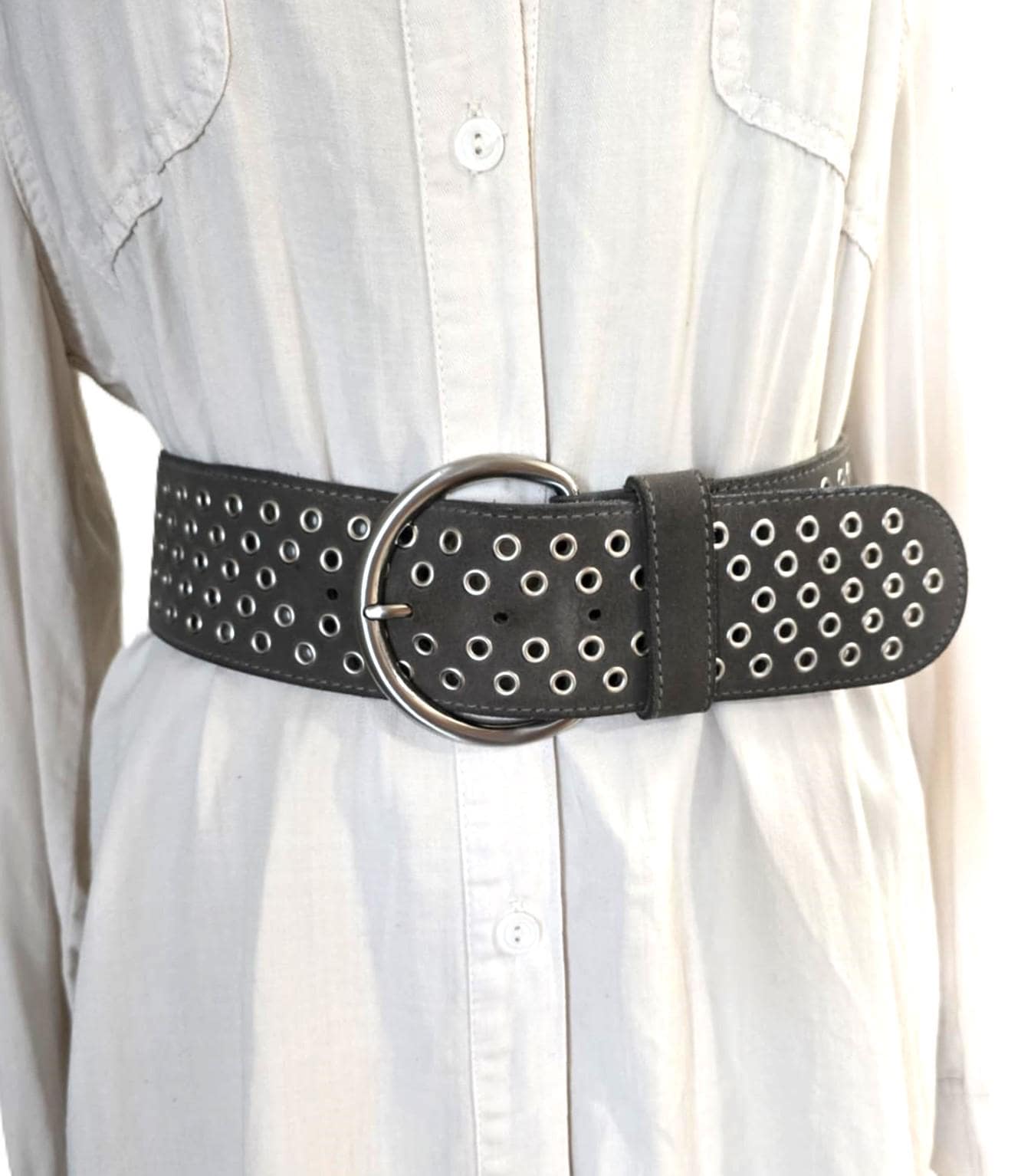Leather Wide Black Gray Studded Antiqued Brass Large Silvertone Buckle Belt L Isaac Black/Silver Studded Belt | Belts | Accessories main image 2