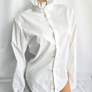 Ruffle collar blouse white blue print top navy blue print button down blouse victorian style top office outfit 80s style M White