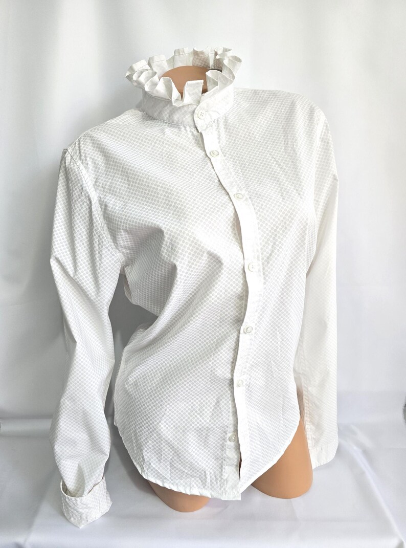 Ruffle collar blouse white blue print top navy blue print button down blouse victorian style top office outfit 80s style M White