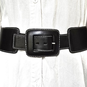 Vintage Extra Wide Hip belt, Black genuine Leather belt , boho belt , Distressed Waist Cincher, chunky rectangular buckle belt