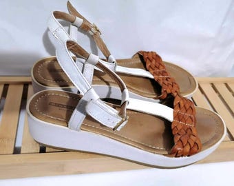 Vintage Italian Vera Pelle Wedge Slides 38 EU / US 7.5 / UK 5 - Leather Platform Sandals - Strappy Mary Janes Open Toe ,