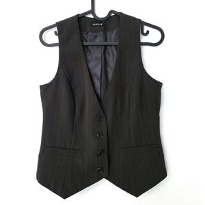 Vintage Y2K Style Brown Pinstripe Vest Women's Waistcoat Dark Academia Formal Office Style Business Attire Fitted Back Strap M, image 1