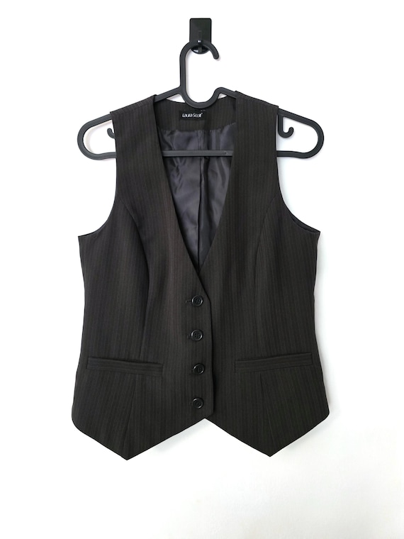 Vintage Y2K Style Brown Pinstripe Vest Women's Waistcoat Dark Academia Formal Office Style Business Attire Fitted Back Strap M,