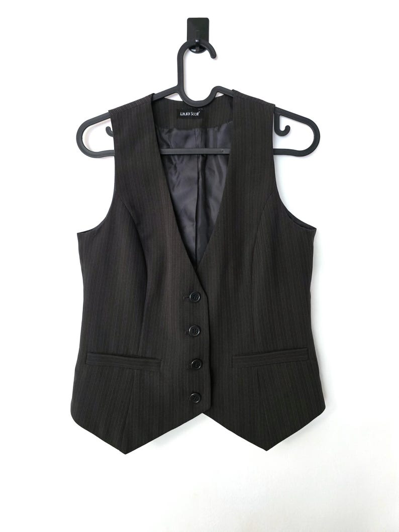 Vintage Y2K Style Brown Pinstripe Vest Women's Waistcoat Dark Academia Formal Office Style Business Attire Fitted Back Strap M, image 1