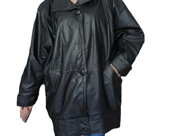 Vintage jaren 80 zwart echt leren jas 42 EU - oversized leren blazer dames - minimalistische leren jas, M-XL,