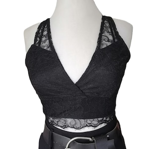 Vintage schwarzes Spitzen Crop Top, Reißverschluss zurück Top, ärmellose Femminie Bluse S