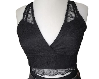 Top corto de encaje negro vintage, top con cremallera en la espalda, blusa femenina sin mangas S