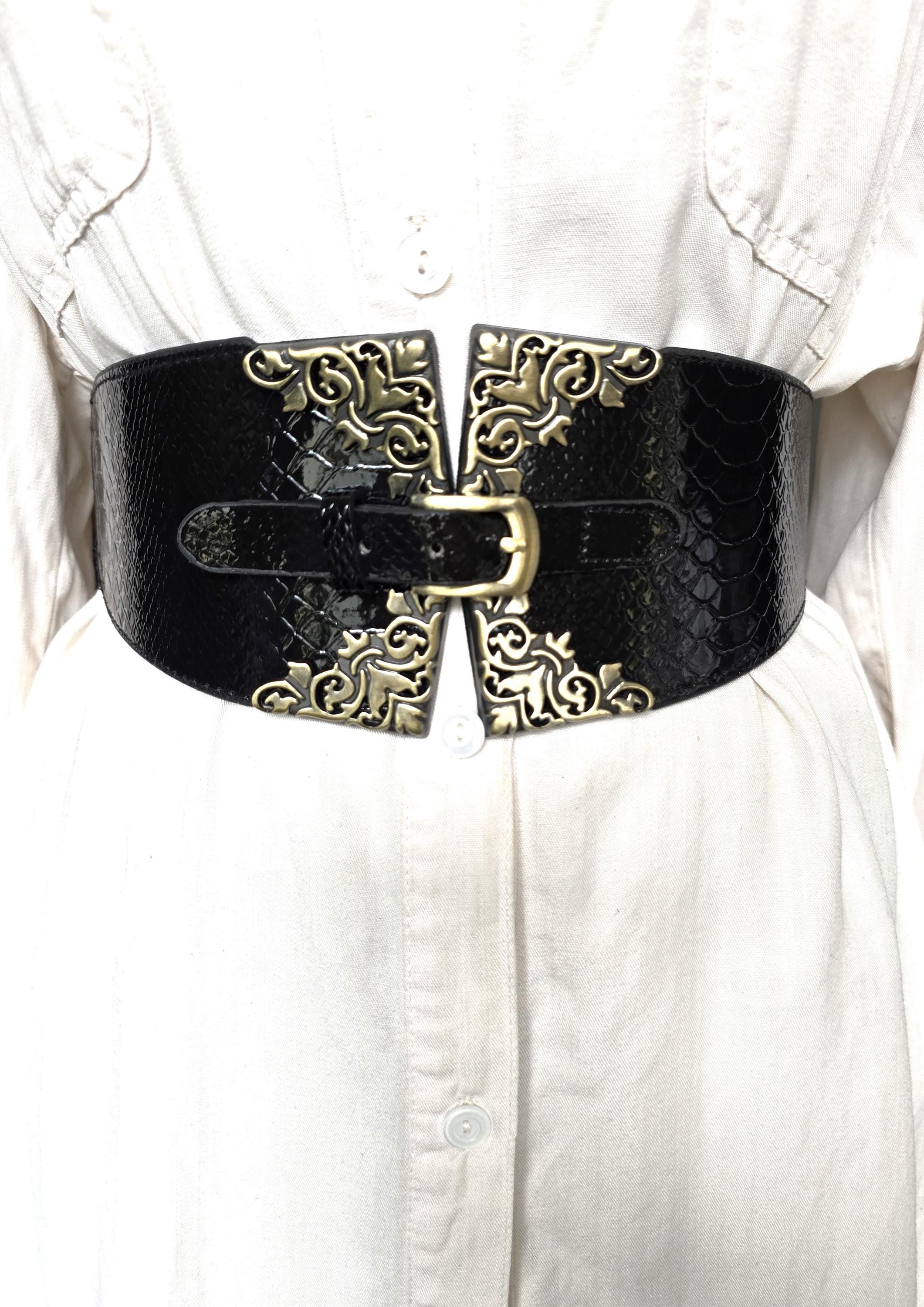 5866 Vintage Full Grain Leather Elastic Western Boho Corset Belt (black Vintage Wide Waist Belt, Black Dress Belt ,corset Belt, Boho  main image 4