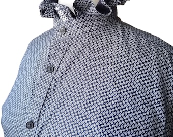 Ruffle collar blouse white blue print top navy blue print button down blouse victorian style top office outfit 80s style M