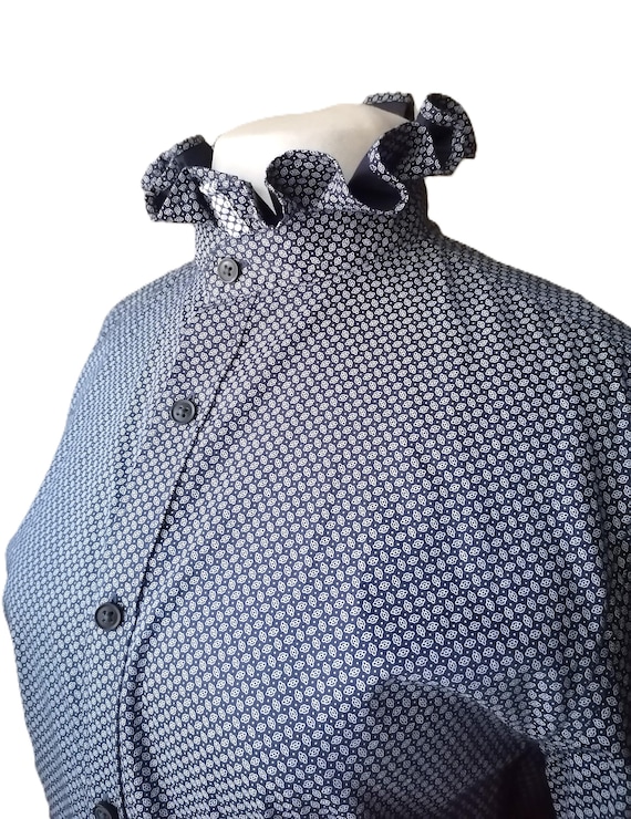Ruffle collar blouse white blue print top navy blue print button down blouse victorian style top office outfit 80s style M