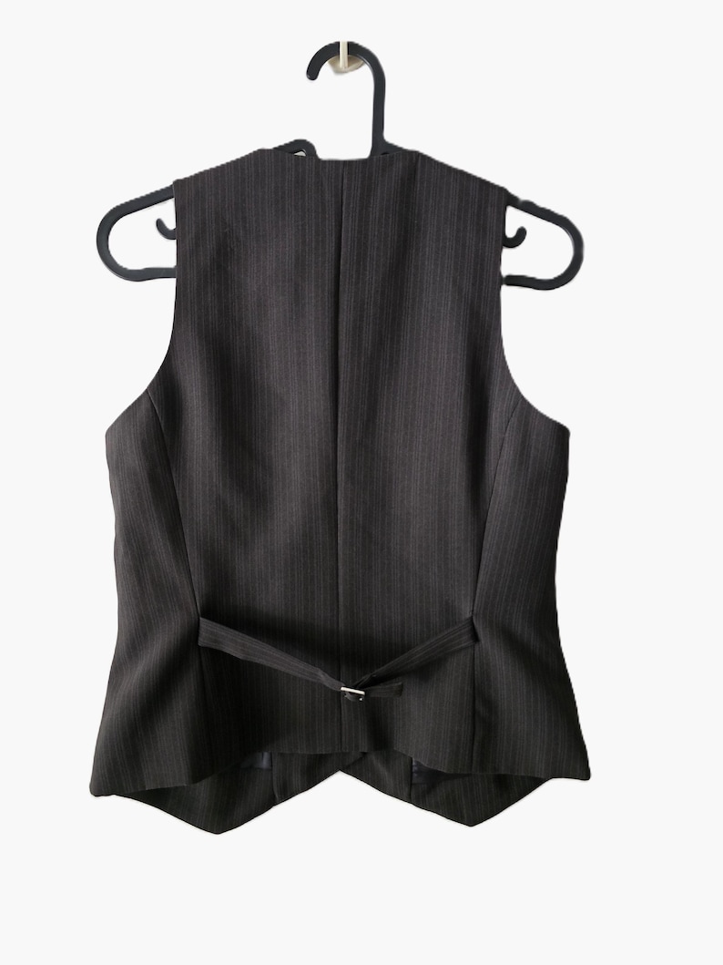 Vintage Y2K Style Brown Pinstripe Vest Women's Waistcoat Dark Academia Formal Office Style Business Attire Fitted Back Strap M, image 3