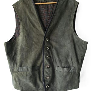 Vintage Octoberfest Vest,Trachten Vest ,Austrian Green Suede Leather Vest, Folk Bavarian Men&#39;s Waistcoat , leather back DDP included