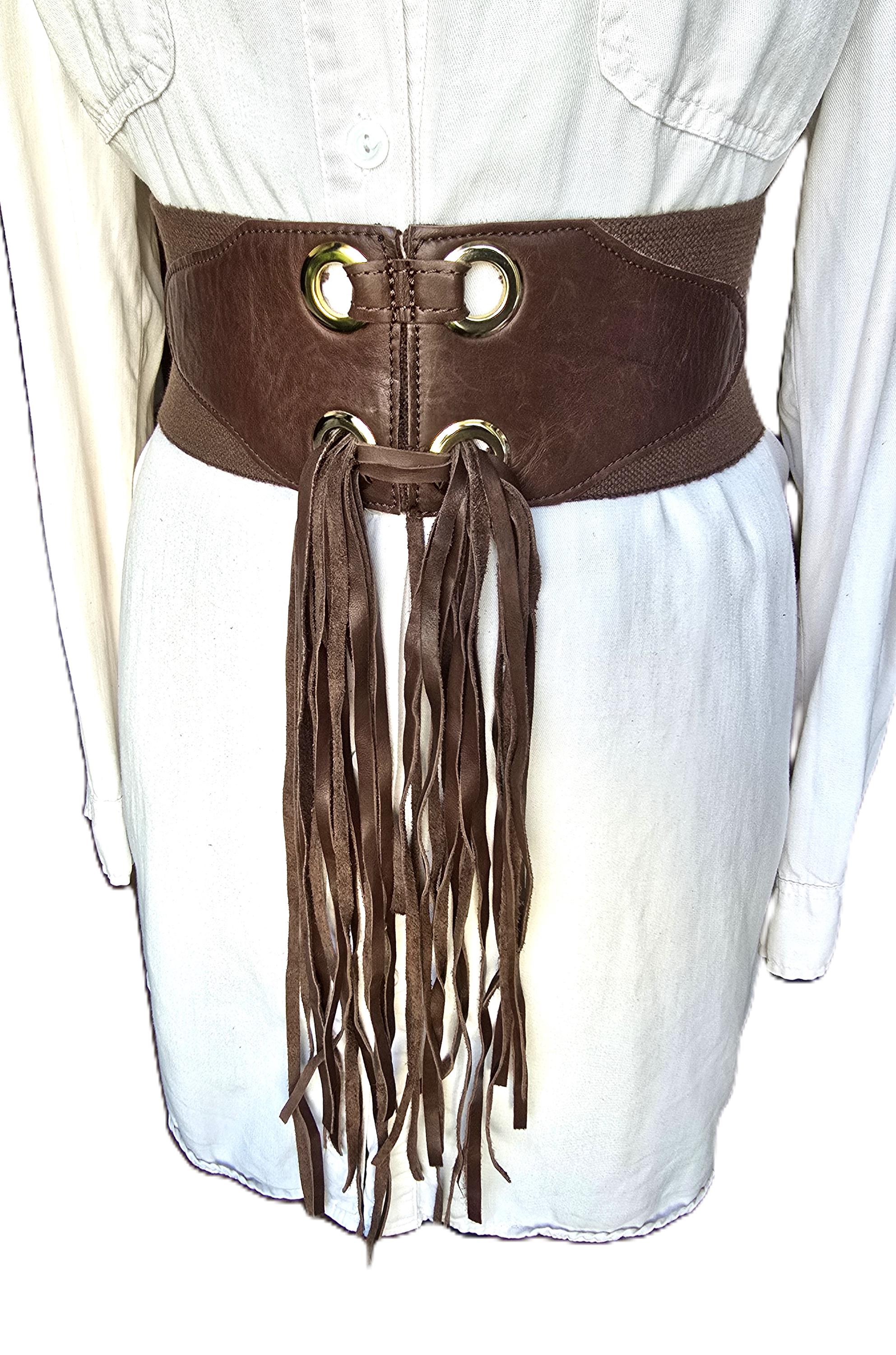HERITAGE LEATHER FRINGE BELT ベージュ Vintage Extra Wide Belt, Brown Genuine Leather Belt With