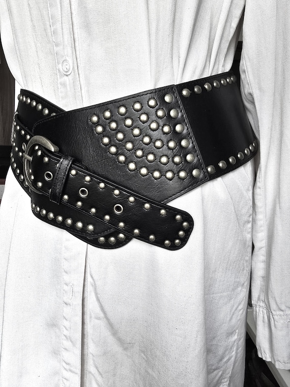 Wide Black Gothic Eco Leather Belt - Multi Studs Belt - Rock Punk