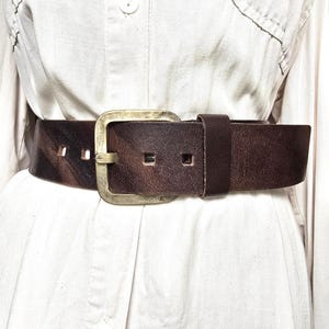 Vintage Chunky Brown Genuine Leather Belt - Unisex Jeans Belt - Square Matte Silver Buckle - Rugged Casual Accessory image 1