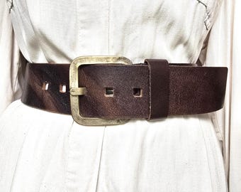 Vintage Brown Leather Croc Embossed Wide Belt Silver Square  display picture 2