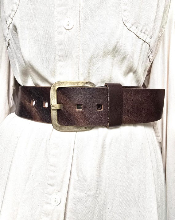 Vintage Chunky Brown Genuine Leather Belt - Unisex Jeans Belt - Square Matte Silver Buckle - Rugged Casual Accessory