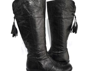 Botas de montar vintage de cuero negro, talla EU 37 / UK 5 / US 7 - Botas vaqueras estilo western de tacón bajo y grueso a media pantorrilla.